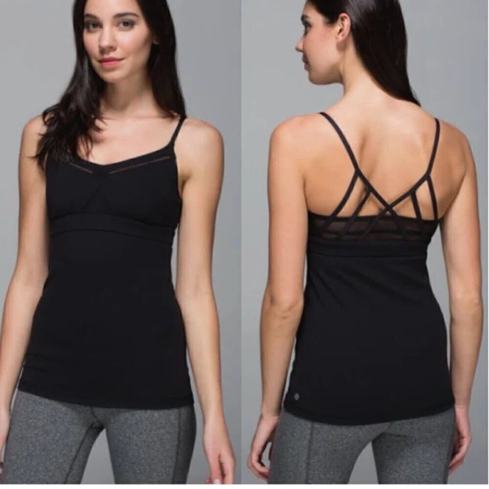 Lululemon Womens 6 Black Tank Top Animal Print Mesh Strappy‎ Workout Just Breath